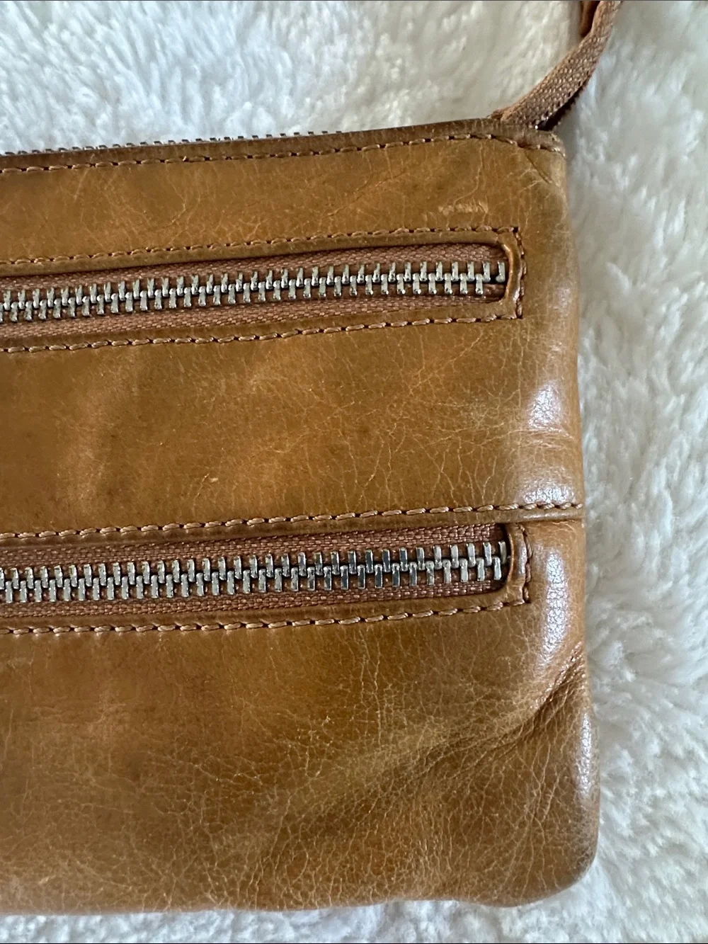 HOBO Cognac Leather Wristlet Clutch with Dual Zippers